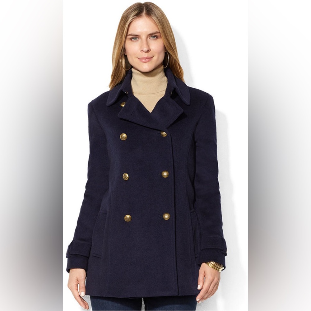 Ralph Lauren Metal Button Double Breasted Pea Coat Navy